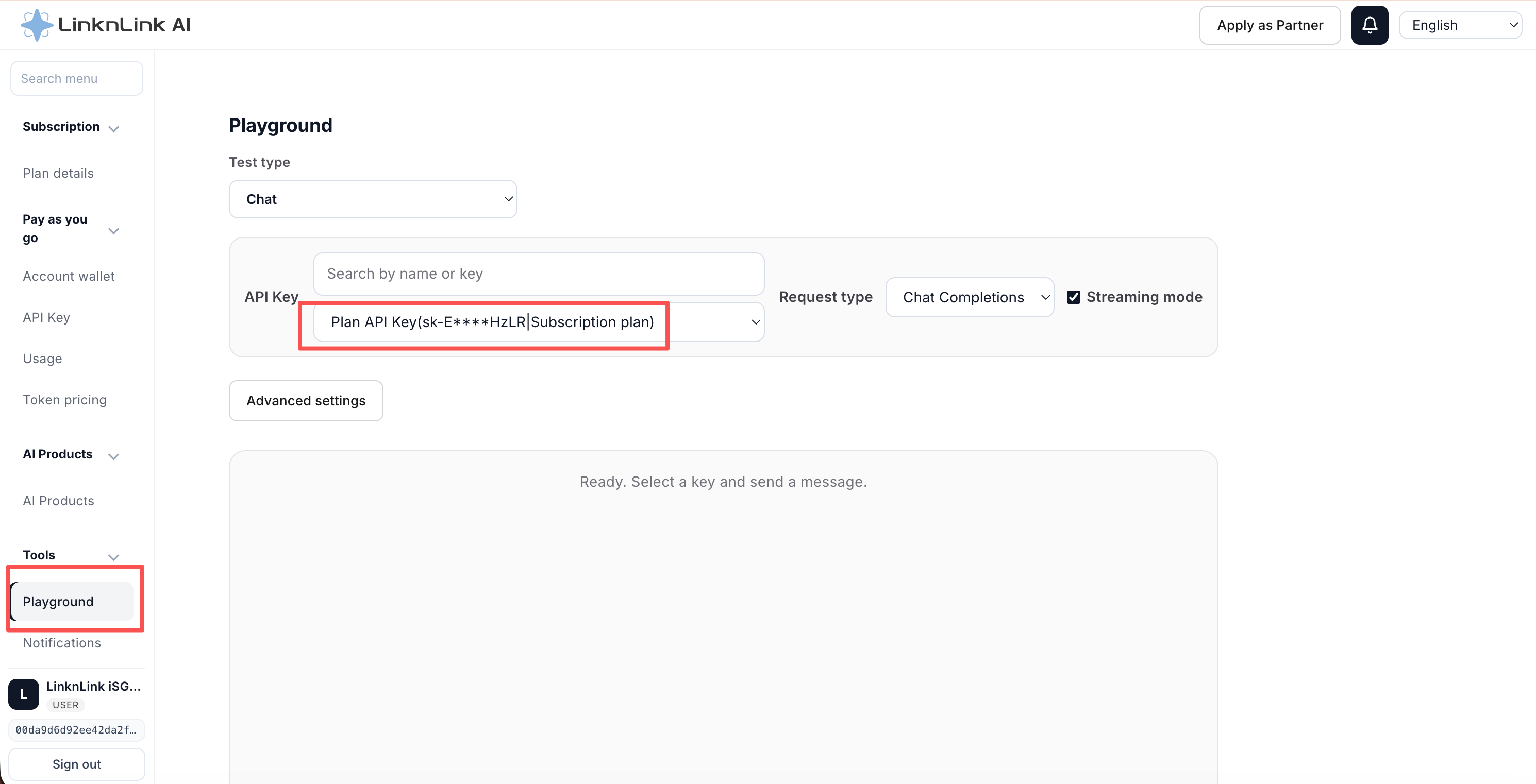 Platform Playground with an API Key selected for testing